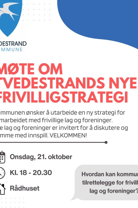 Lenke til artikkel: 21.10. kl. 18 på Rådhuset: MØTE OM NY FRIVILLIGSTRATEGI FOR ALLE FORENINGER