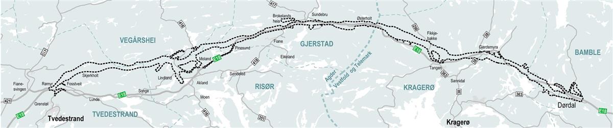 Kart E18 Dørdal-Tvedestrand - Klikk for stort bilde